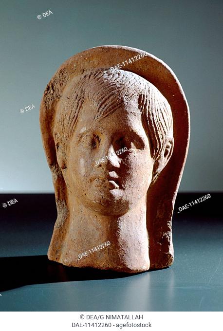 Male head, terracotta sculpture, from the site of Lavinium-Pratica di Mare, Lazio, Italy. Latin Civilization, 5th Century BC