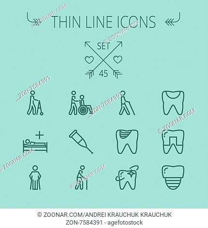 Medicine thin line icon set for web and mobile. Set includes- tooth, crutches, walker, injured person, sick person, syringe, bed, toothache, icons
