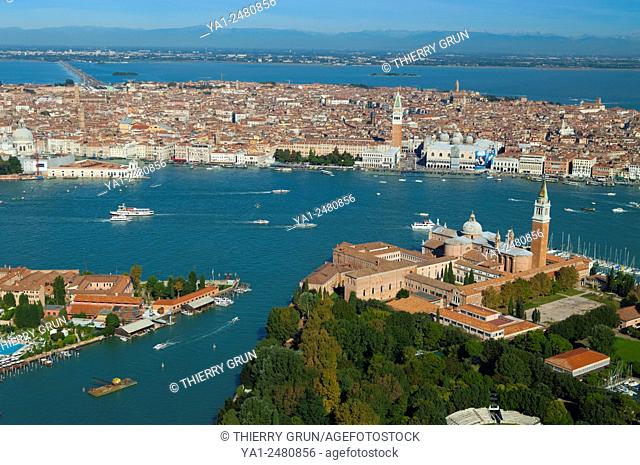 Italy, Venice lagoon, Guidecca, San Giorgio Maggiore and back Venice city aerial view