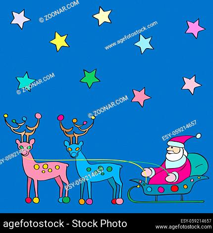 Hand drawn multicolored illustration of Santa Claus in a sleigh with reindeer under the starry sky