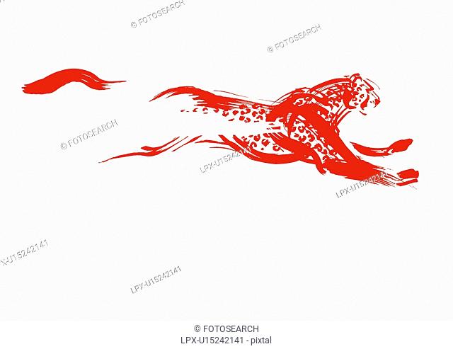 Running Leopard, Red Ink Illustration
