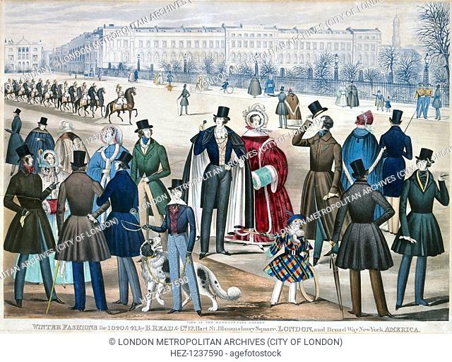 View in Regent's Park, London showing figures wearing winter fashions for 1840 and 1841. A troop of soldiers, possibly Household Cavalry