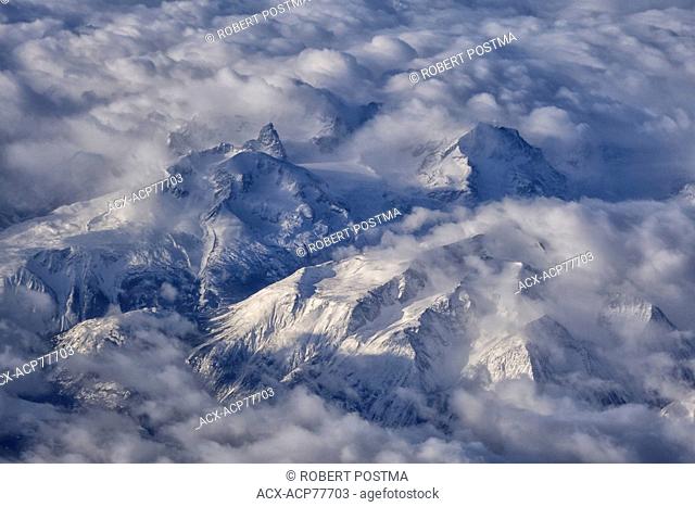 British Columbia's coast mountains seen in an aerial photo along the route between Whitehorse, Yukon and Vancouver, BC
