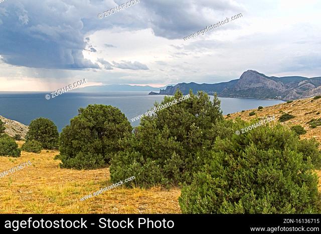 View from the top of Cape Alchak towards Novyy Svet. Overcast summer day. Surroundings of Sudak, Crimea