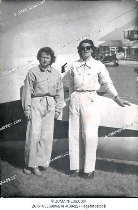 Sep. 09, 1953 - Two French Women beat International Gliding record for two seater glider.; Madame Mattern, (left) of the Chauvenay aero club and Mlle Louisette...