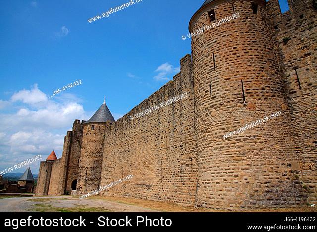 Defensive wall to the medieval city of Carcassonne. France