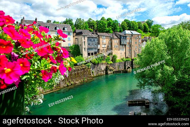 French landscape in the country on the Oloron river. Oloron Saint Marie france