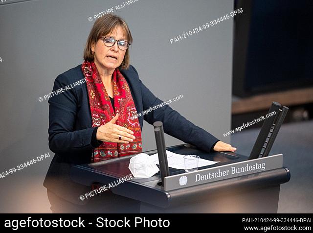 23 April 2021, Berlin: Heike Hänsel (Left Party) speaks in the Bundestag. The topic is the German Armed Forces' EUTM mission in Mali