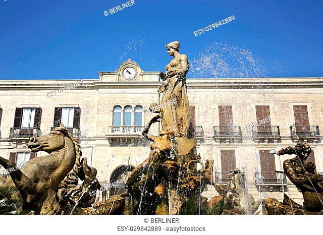 the Fountain of Diana or Fontana di Artemide in Ortygia of Syracuse in Sicily, Italy