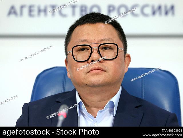 RUSSIA, MOSCOW - JULY 7, 2023: NewNew Shipping Line spokesman Ke Jin is seen during a press conference on the launching of a regular container shipping service...