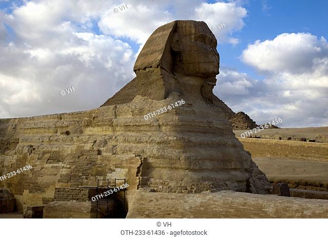 Sphinx with Pyramid of Khufu at the background, Giza, Egypt