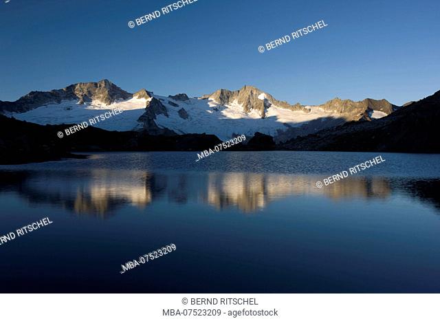 Glacier landscape at Schwarzsee Lake at sunrise, Zillertal Alps, Tirol, Austria
