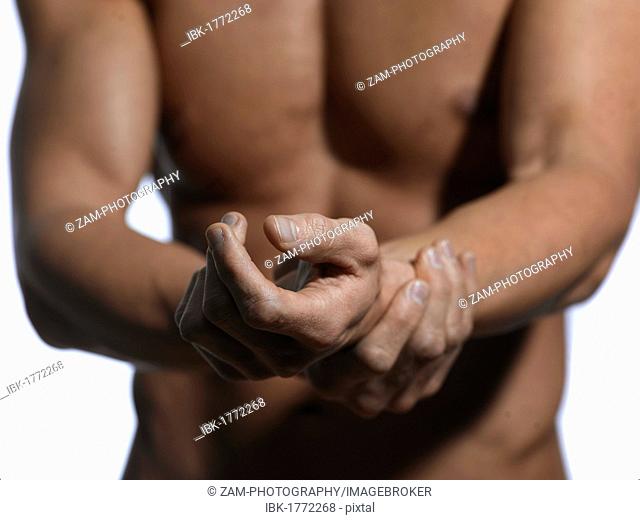 Athletic man, upper body, hands