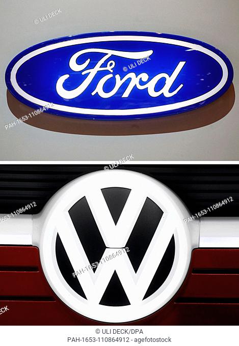 FILED - 01 November 2018, Switzerland, Geneve: The picture combo shows a VW logo (l), taken on 06.03.2018 and a Ford logo taken on 07.03