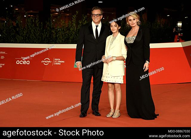 Italian director Gabriele Muccino (Giorgio Armani suit) with his daughter Penelope Muccino and his wife Angelica Russo at Rome Film Fest 2021