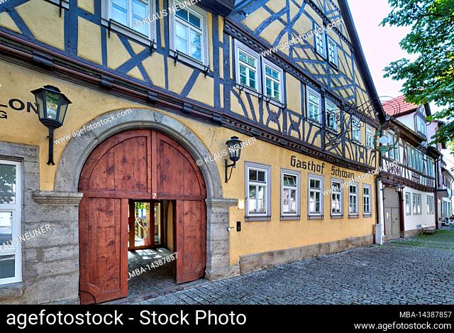 Inn 'Schwan', house facade, half-timbered, autumn, Ostheim, Rhön-Grabfeld, Lower Franconia, Bavaria, Germany, Europe