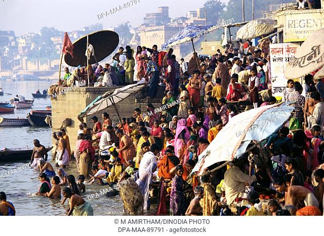 Press of Pilgrims at Bathing Ghats , Varanasi , Uttar Pradesh , India