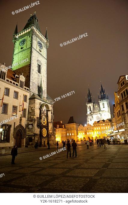 View of the old town Square of Prague by night, Stare Mesto, Czech Republic