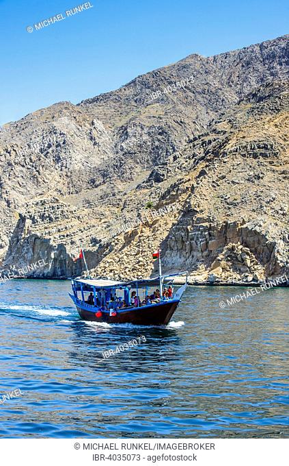 Tourist boat in form of a dhow, Khor Ash Sham fjord, Musandam, Oman