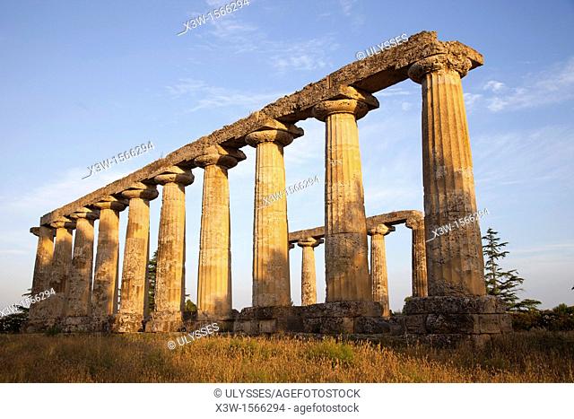 doric temple, sanctuary of hera, palatine tables, archaeological site of metaponto, bernalda, province of matera, basilicata, italy, europe