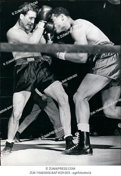 Jun. 06, 1946 - Joe Louis - Billy Conn Fight In New York. The Champ Crowds His Man: Heavyweight champion Joe Louis bor-- in at full speed as challenger Billy...