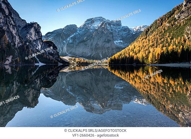 Braies / Prags, Dolomites, South Tyrol, Italy. The Lake Braies / Pragser Wildsee
