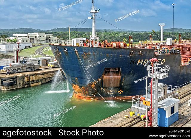 Ship Passing Through The Panama Canal, Panama, Central America