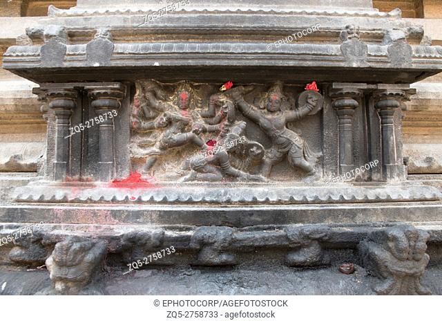 Durga slaying the demon, north wall, Subrahmanyam shrine, Brihadisvara Temple complex, Tanjore, Tamil Nadu, India