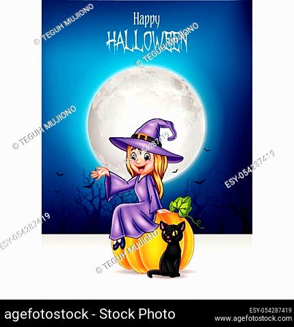 Cartoon little witch sitting on halloween pumpkin with black cat