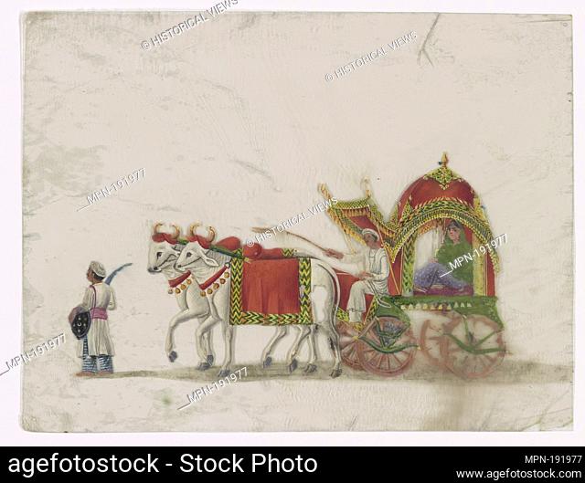 2 white oxen in red coverings drawing green carriage with driver, female passenger in green dress, and 1 attendant. Indian coloured drawings: a collection of...