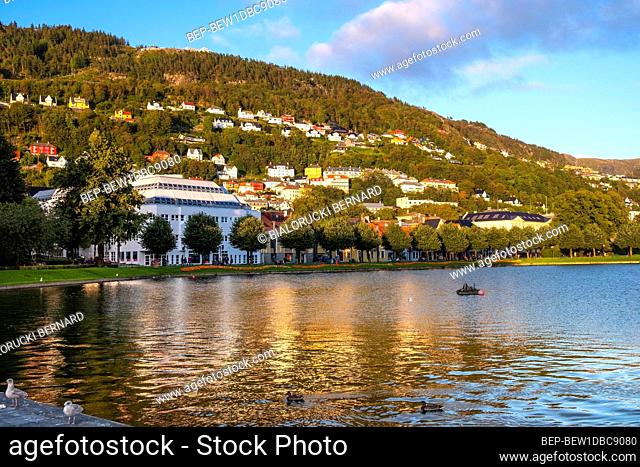 Bergen, Hordaland / Norway - 2019/09/03: Panoramic view of city center with Lille Lungeren park, Lille Lungegardsvannet pond