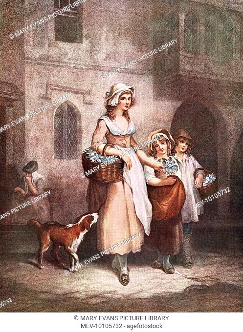Working class clothing from the late 18th century. The woman and girl wear plain gowns with aprons and sraw hats, the boy wears a smock