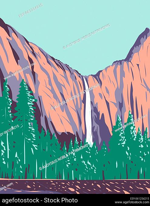 WPA poster art of Bridalveil Fall the most prominent waterfalls in Yosemite Valley within Yosemite National Park California USA done in works project...
