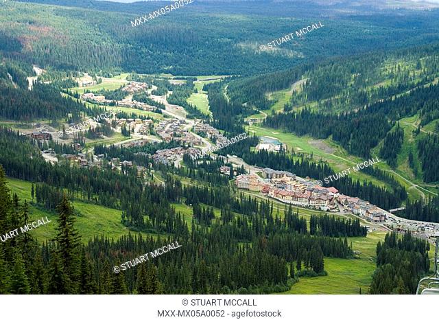 Canada, BC, Sun Peaks Resort. Summer at the four season resort. View of Village from the top of Sundance Chairlift