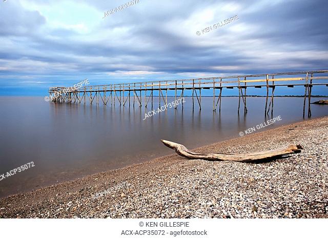 Wooden Pier on Lake Winnipeg and Matlock Beach. Matlock, Manitoba, Canada