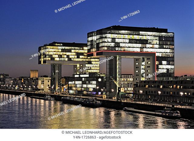 View of Rheinau Port and Crane Houses in Cologne at Night