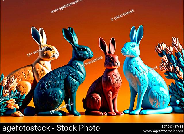 Set of Chinese rabbits on color background