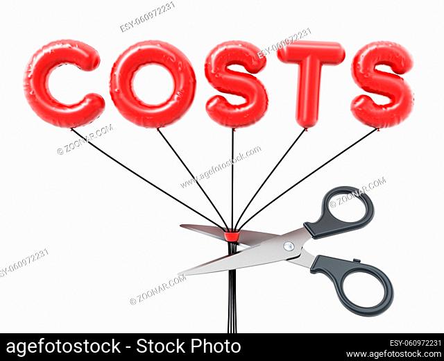 Scissors cut letter shaped balloons form the word cost. 3D illustration