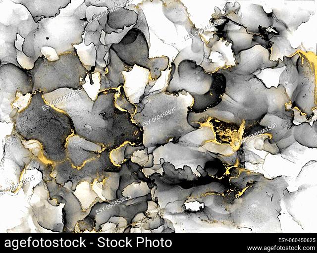 Black and white watercolor background with gold glitter. Watercolor alcohol ink splash, liquid flow texture paint, luxury abstract digital paper fine art...