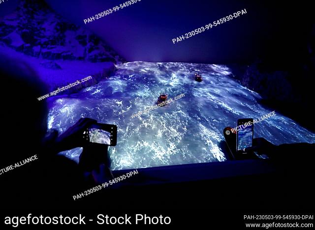 03 May 2023, Hamburg: Ships sail through a thunderstorm on the Drake Passage in Antarctica in the new Patagonia and Argentina section in Miniatur Wunderland