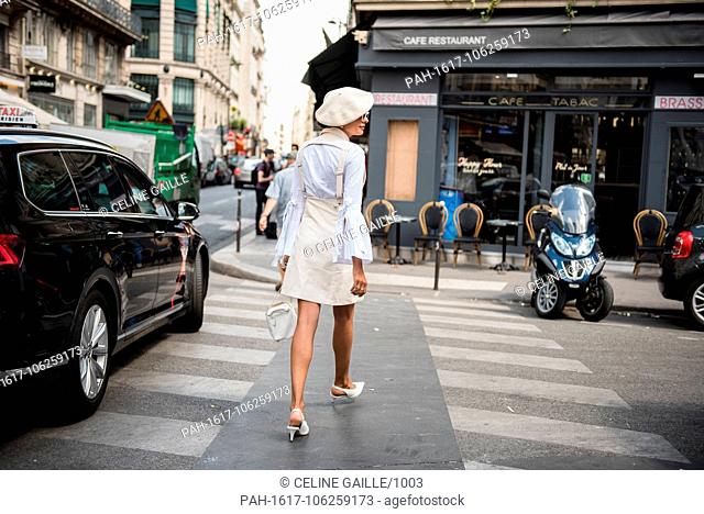 Nicole Bernardes posing on the street before the Julien Fournié runway show during Haute Couture Fashion Week in Paris - July 3