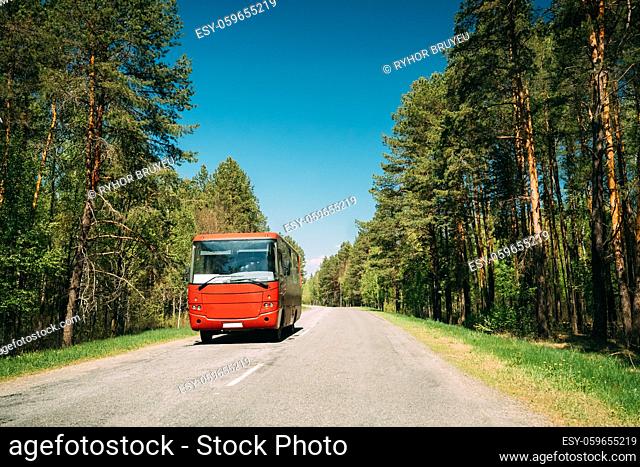 Red Bus In Motion On Country Road. Motion Cars On Freeway In Europe. Asphalt Freeway, Motorway, Highway Through Forest Against Background Of Eastern European...