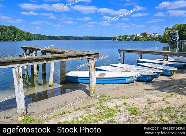PRODUCTION - 11 August 2023, Brandenburg, Strausberg: There is a jetty almost two meters away from the boats on the shore of Lake Straussee