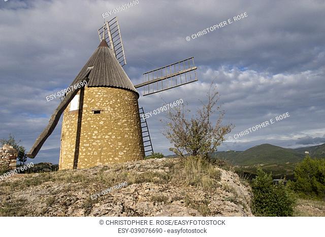 Restored windmill on the hill above St Chinian, Languedoc-Roussillon, France, Europe