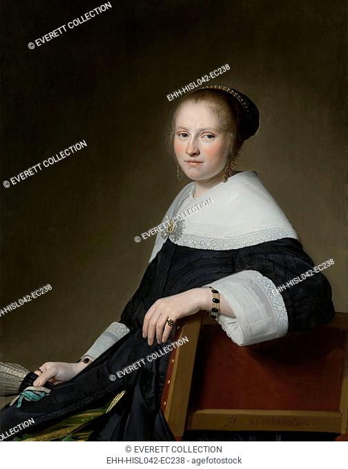 Portrait of Maria van Strijp, by Johannes Verspronck, 1652, Dutch painting, oil on panel. The sitter sits sideways on a chair with its back to the viewer