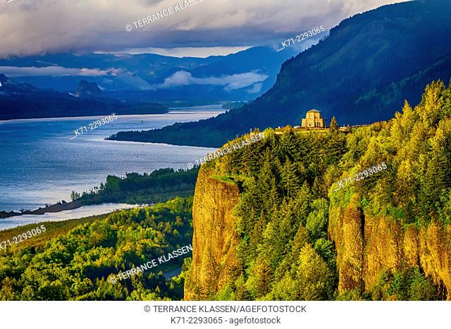 A view down the Columbia River gorge near sunset, Oregon, USA