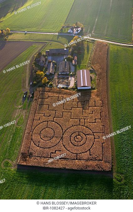 Aerial photo, corn field, corn maze, farm, Iserlohn, Maerkischer Kreis, Sauerland, North Rhine-Westphalia, Germany, Europe