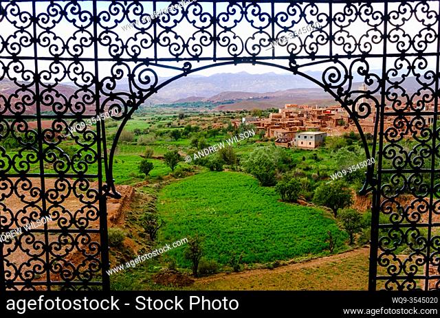 The view of the town of Teloet from a window in the part ruined and abandoned Kasbah at Telouet, southern Morocco