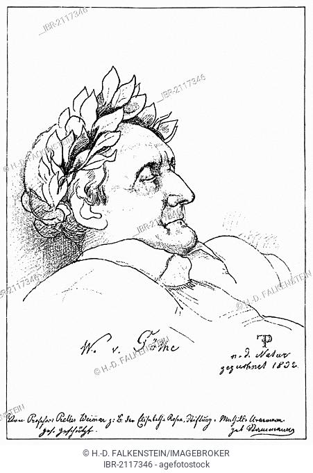 Historic print, drawing, 1832, portait of the dead Johann Wolfgang von Goethe, 1749-1832, from Bildatlas zur Geschichte der Deutschen Nationalliteratur by...