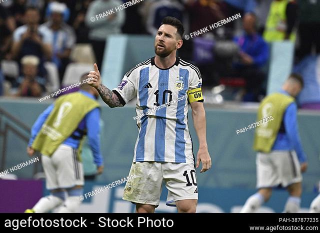 goaljubel Lionel MESSI (ARG), after goal to 2-0 by penalty kick. Thumbs up, thumb up, jubilation, joy, enthusiasm, action, single image, cut individual motif
